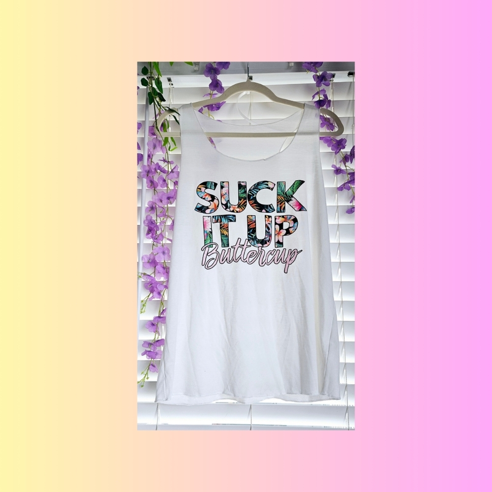 SUCK It Up Buttercup Wide Sporty Muscle Tank Layering Tank XL Women's 65poly/35c